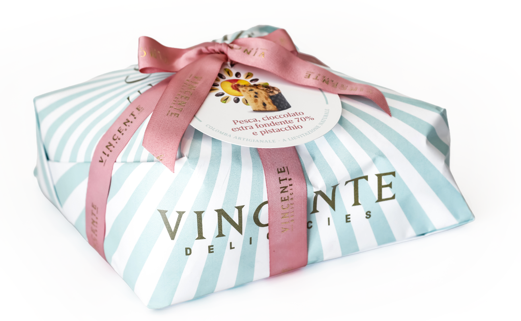 Colombe artisanale pêche chocolat noir et pistache